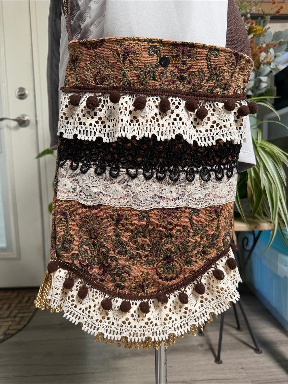 Handmade Boho Embroidered Pom-Pom Trim BAG in Brown